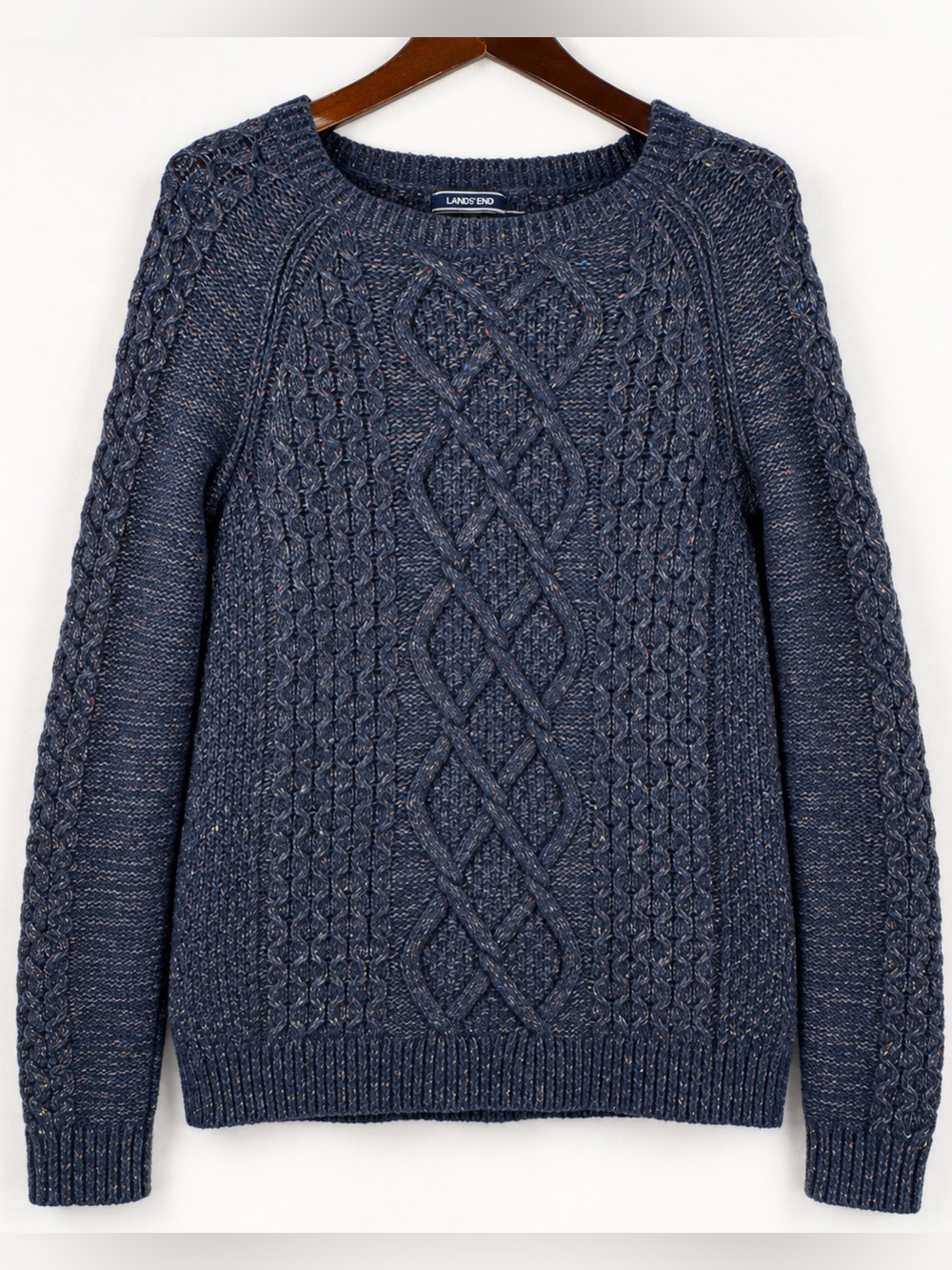 Lands’ End S Donegal Cable Knit Wool Blend Fisherman Sweater Navy